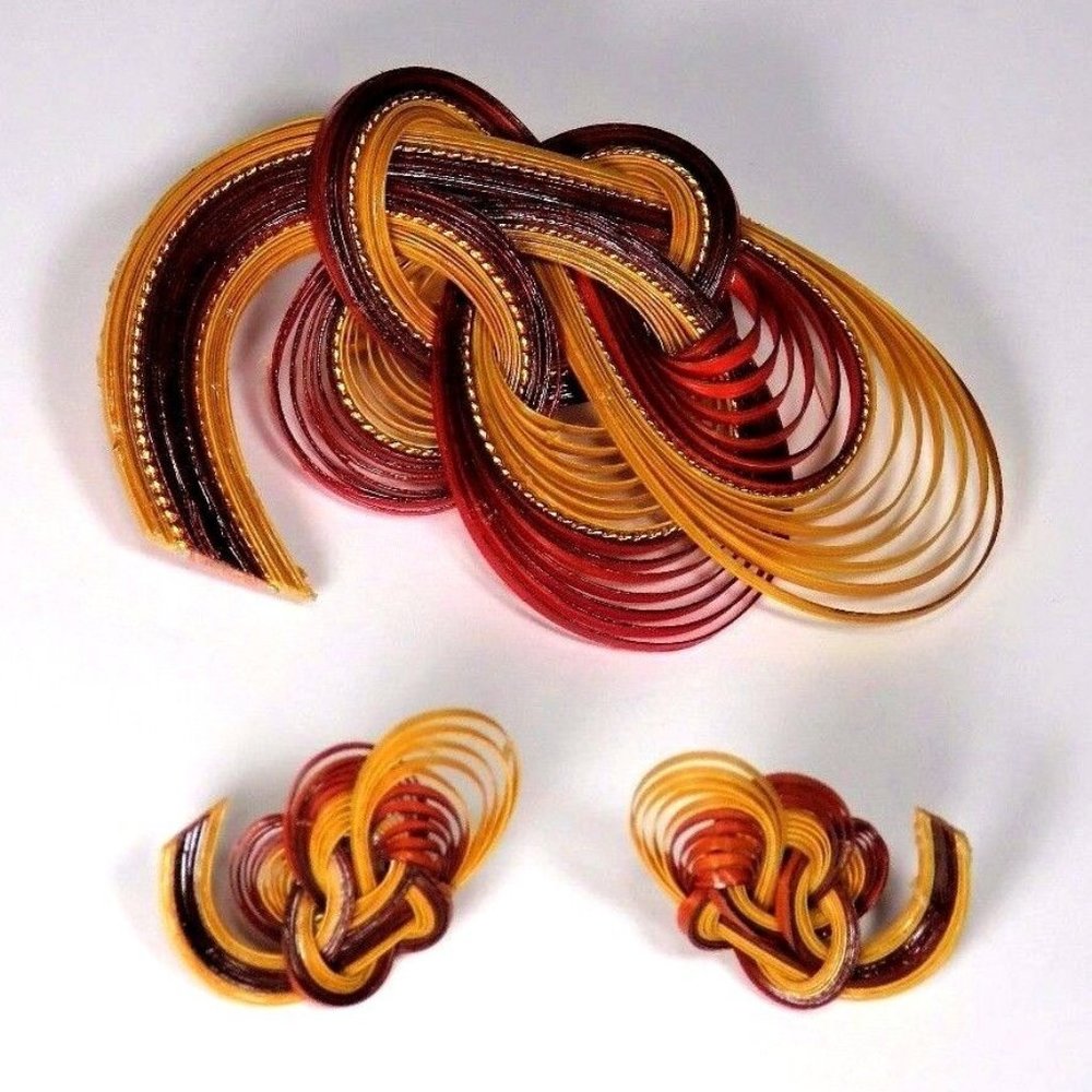 Natural Bamboo Jewelry Brooch Pin & Earrings From Taiwan Handmade Original Box